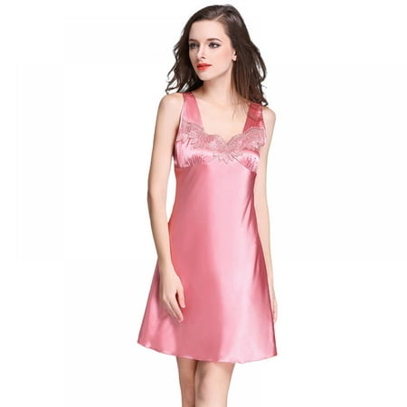 

Womens Satin Nightgown Sleeveless Sleepshirt V-Neck Lace Trim Sleepwear Nightshirt Loose Comfy Sleep Dress