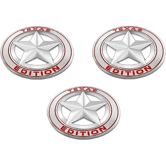 Muzzys (SET OF 3) Texas Edition Star CHROME/RED Round 3" Shield Emblem Universal Sticker FITS Tundra, Tacoma, F150, Silverado, Titan, Hood, Door, Tailgate, Grille, Fender, etc