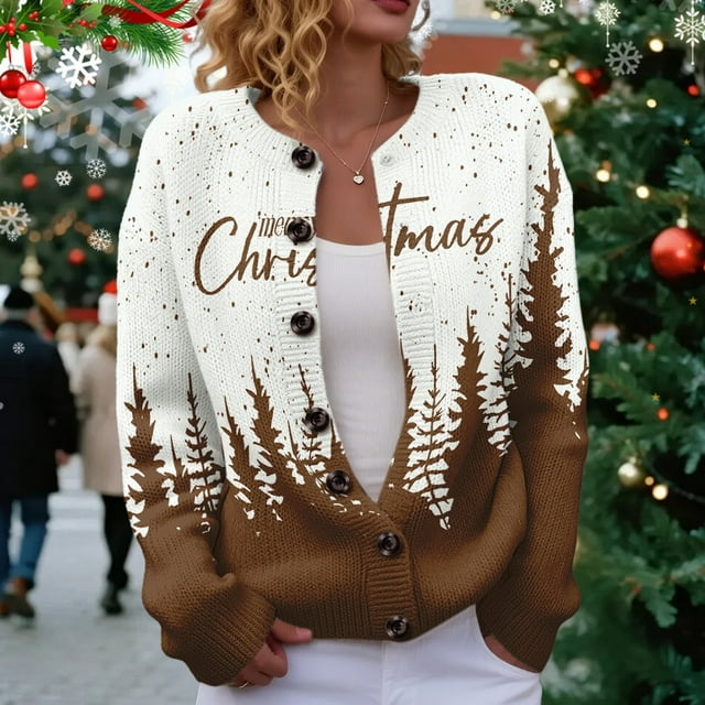 Chandails d'Hiver Grande Taille pour Femmes Mode Décontractée Imprimé de Noël Cardigan Veste Café TTG
