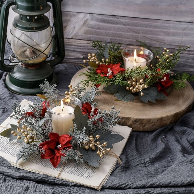 Xihbxyly Corona de Candelabro de Aguja, Hojas y Flores Artificiales de Seda, Perfecta para Decorar La Mesa Navideña, Decoración Versátil para El Hogar, Centros de Mesa para Fiestas Navideñas, Tamaño