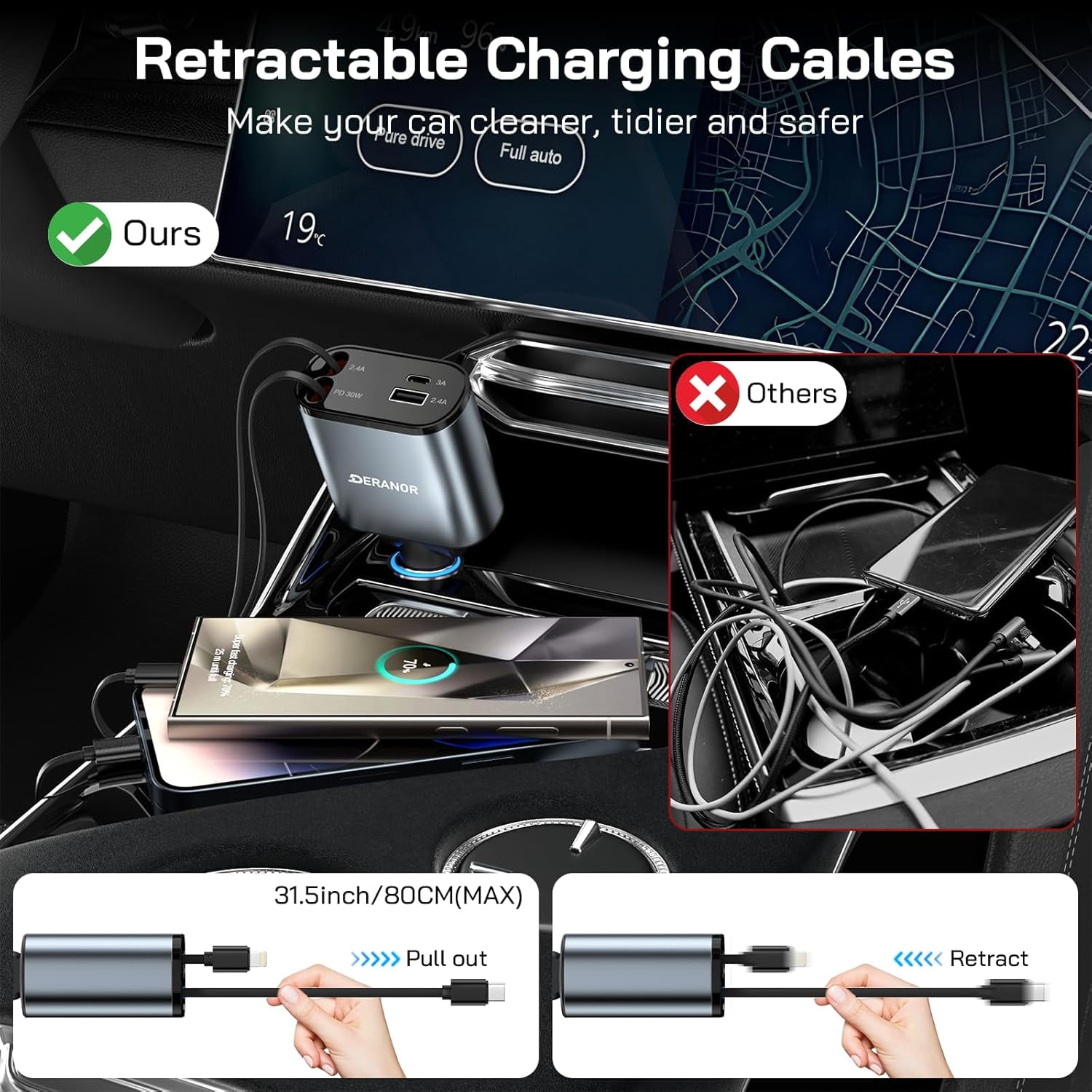 2 Pack Retractable Car Charger 4 in 1 Fast Car Phone Charger 69W, USB C Car Truck Accessories Adapter with 2X Retractable Charger Cords and 2X USB Ports for i Phone 17/16/15/14, for Samsung S25/S24