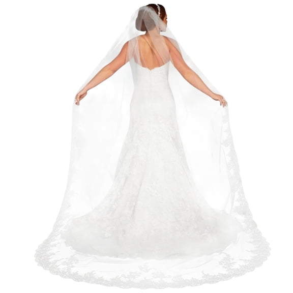 Cathedral Length Wedding Veil, 63 x 118.1" Soft Tulle Bridal Veil with Lace Trim, Elegant White, Tulle Hair Accessories, Includes Built-In Comb for Secure Fit