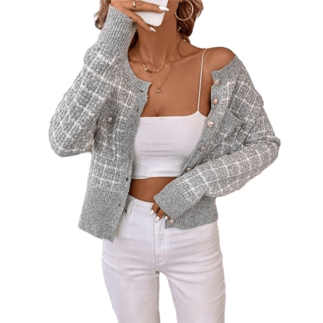 Womens - Blazer à Carreaux Habillé Décontracté Bouton devant Cardigan Col Rond Manches Longues Texture Tricot Vestes Gris m