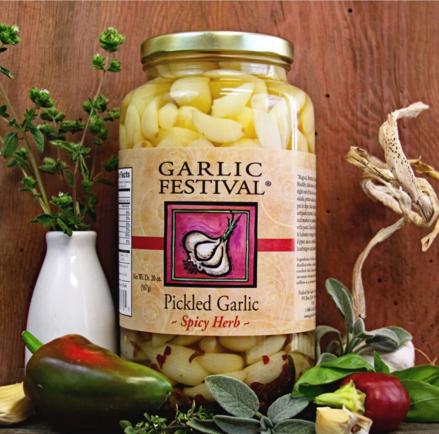 Garlic Festival Spicy Herb Pickled Garlic Cloves in a Jar - Spicy Herb Pickled Garlic - Fresh Garlic Cloves for Cooking - Freshly Made - Subtly Infused, Pre-Prepared Garlic - Net Wt. 32 oz.