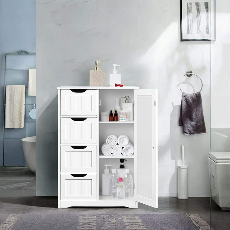 4 Drawers Bathroom Floor Cabinet Storage Organizer White Free Standing  Cabinet