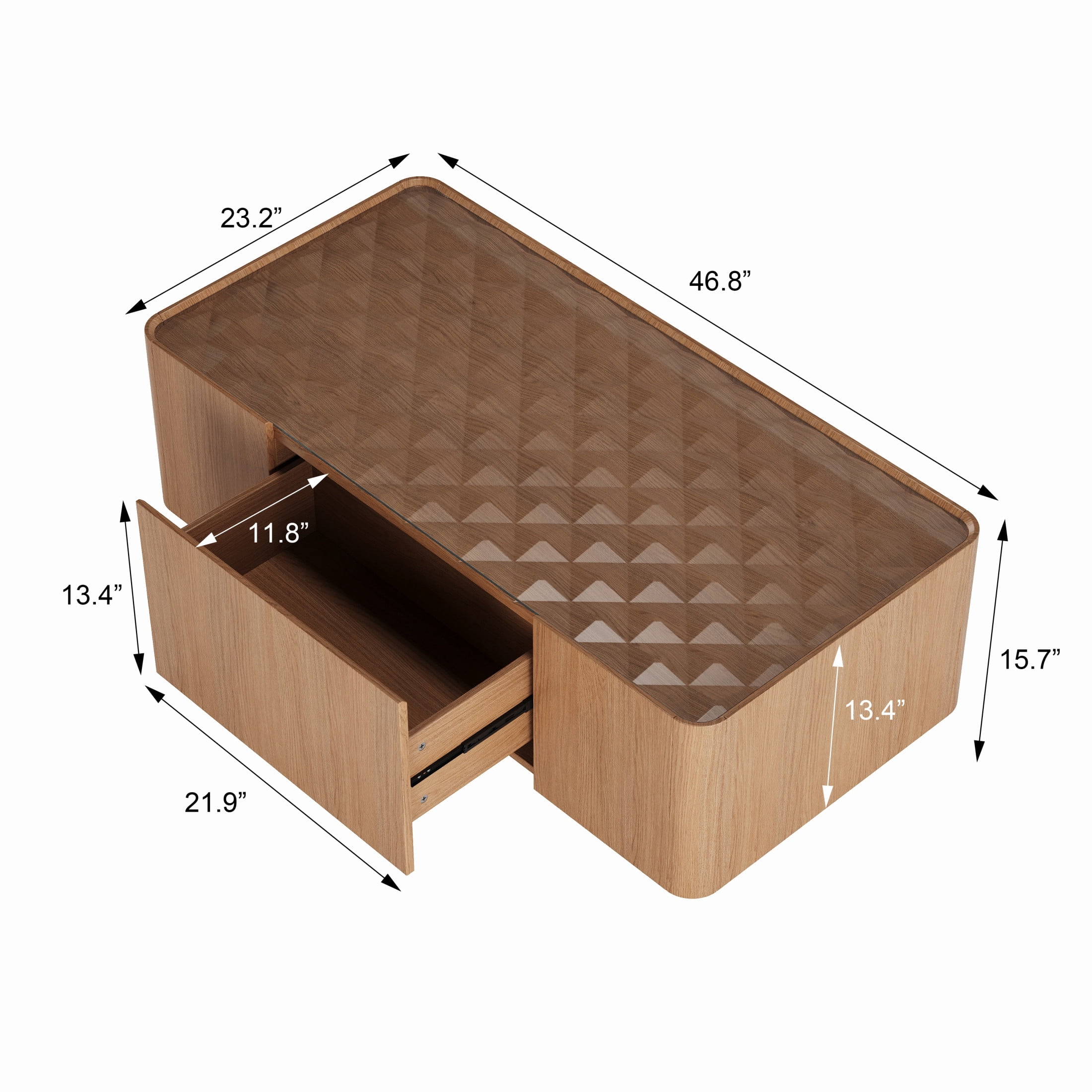 Noble House Millo 46.8" Rectangle Wooden Coffee Table with Tempered Glass Top & Storage Drawers for Living Room, Walnut