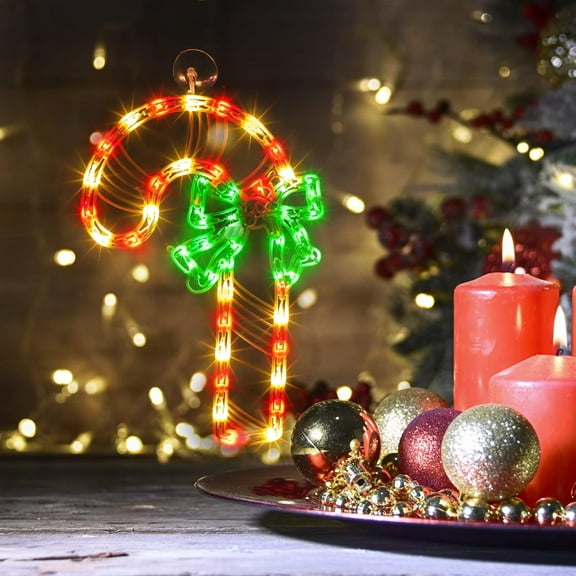 Christmas Window Silhouette Lights | Lighted Double-Sided Candy Cane Decoration with 50 Incandescent Mini Lights | White Wire | Indoor/Outdoor Holiday Decor for Walls, Doors & Glass