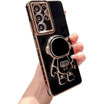 Samsung Galaxy S21 Ultra 5g 6.8" 6D Plating Cute Astronaut Hidden Kickstand Phone Case Luxury Cute Heart Pattren Camera Protection Cover Soft Silicone Shockproof Stand Holder Bumper (Black)