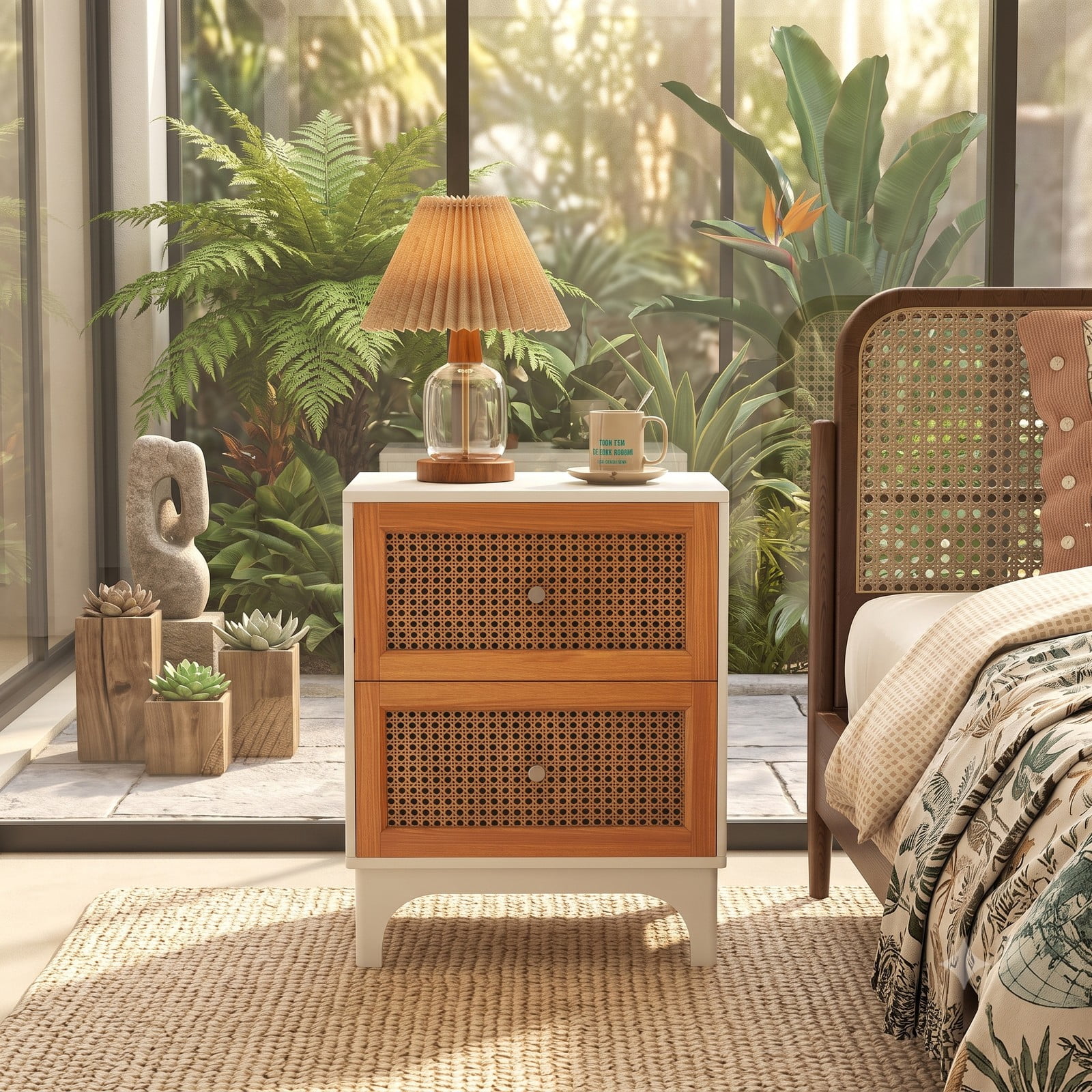 Furnibear Boho Accent Nightstand with 2 Handwoven Rattan Drawers and Solid Wood Legs plus Golden Knobs for Bedroom, White