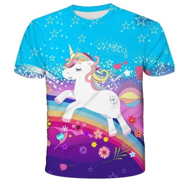 2022 Girls Summer T-shirts Unicorn Cartoon Rabinbow Short Sleeve Top Kids Tops for Girls Clothes8T Gong Bohan LED