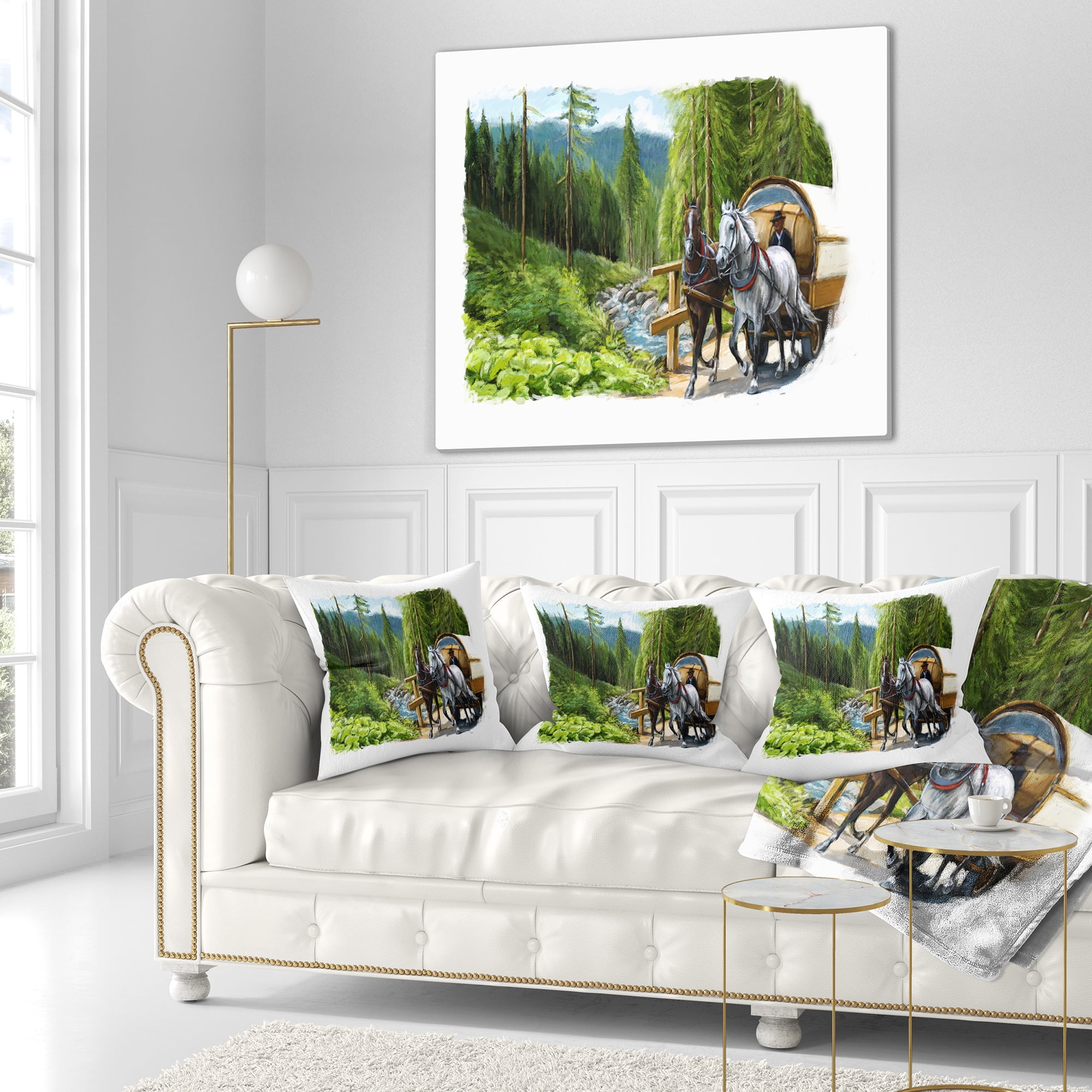 Designart Green Landscape with Horse - Abstract Throw Pillow - 16x16