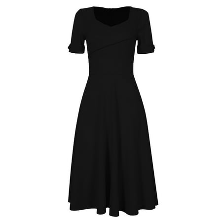Women Vintage Solid Square Neck 1/2 Sleeve Waist Fitted Swing Dress ...