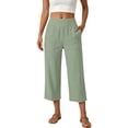thumbnail image 2 of Women Wide Leg Pants High Waist Solid Three‑Quarter Cotton Linen Womens Sweatpants Light Green, 2 of 6