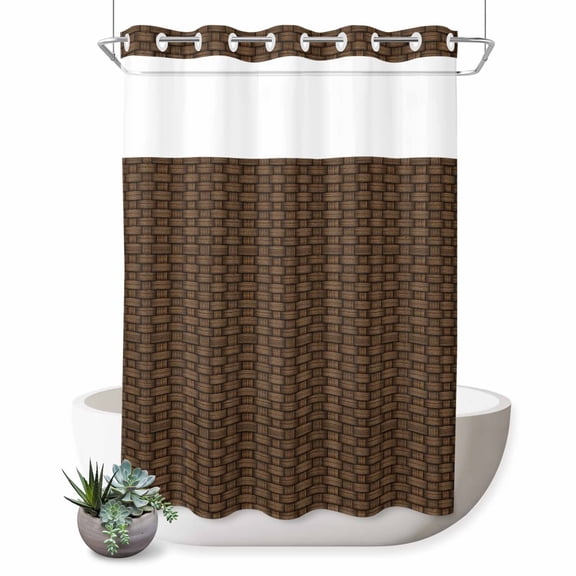 No Hook Shower Curtain, Dark Brown Rattan Shower Curtains for Bathroom with See Through Top Window, Vintage Abstract Wicker Texture Waterproof & Washable Bath Curtain Extra Long 72"x84"