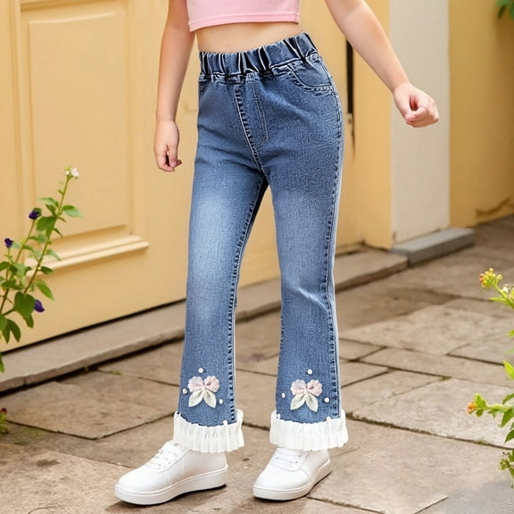 Toddler Girls' Pants Elastic Waist Wide Leg High Waist Denim Pants Jeans for Kids Girls 5-6 Years Cute Girl Clothing