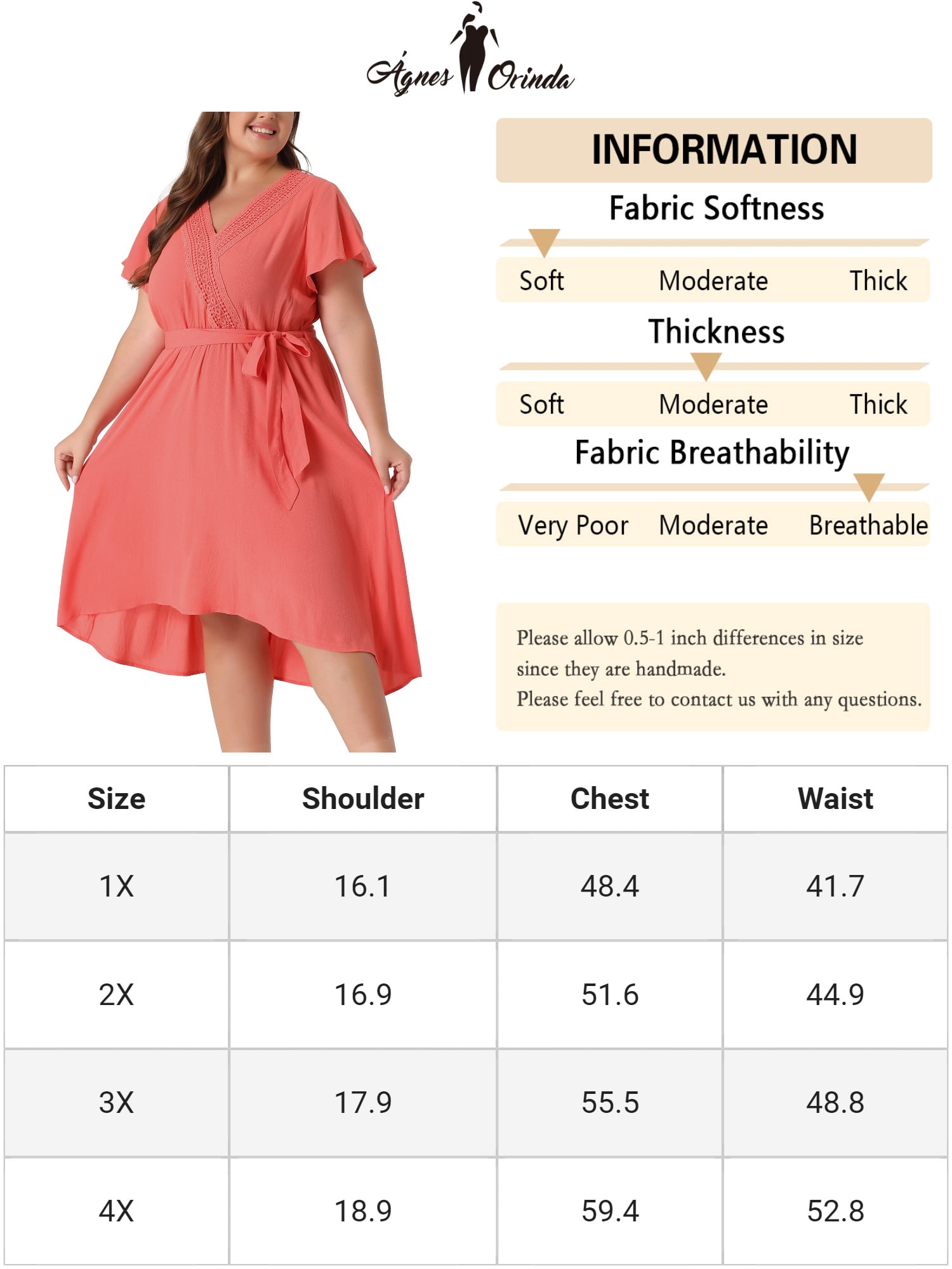 DARING DIVA Plus Size Boho V Neck Short Sleeve High Low Midi Dress 1X Orange Pink
