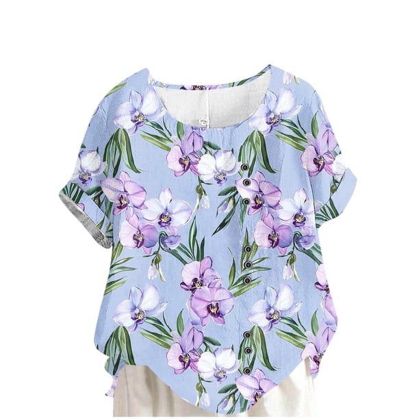 Camisas de Manga Corta para las Mujeres Casual Cuello Redondo Cómodo Regular de Lino Blusa Botón Superior Verano Manga Corta Tops para las Mujeres