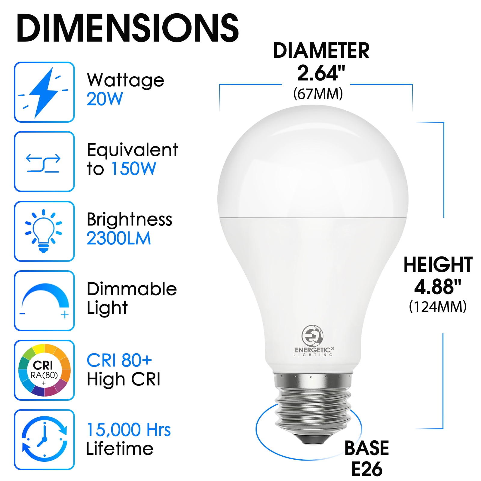 ENERGETIC Dimmable A21 LED Light Bulb,150 Watt Equivalent,2300LM,Daylight 5000K,E26 Base,Damp Rated,ETL Listed,4 Pack