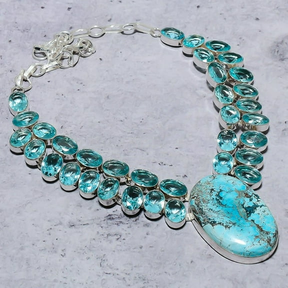 Natural Tibetan Turquoise, Blue Topaz 925 Sterling Silver Necklace 18"