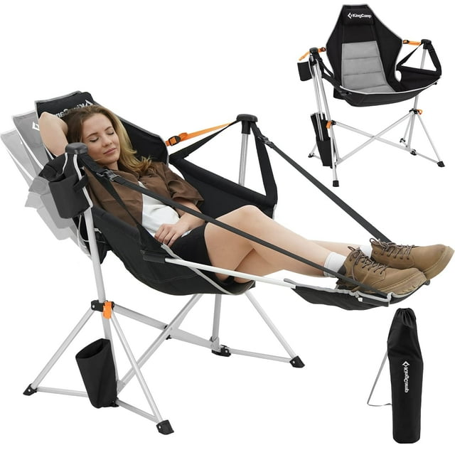 KingCamp Hamaca Sillas de camping con reposapiés, silla plegable con marco de aleación de aluminio, asiento alto acolchado ajustable con almohada, mecedora con portavasos en el reposabrazos