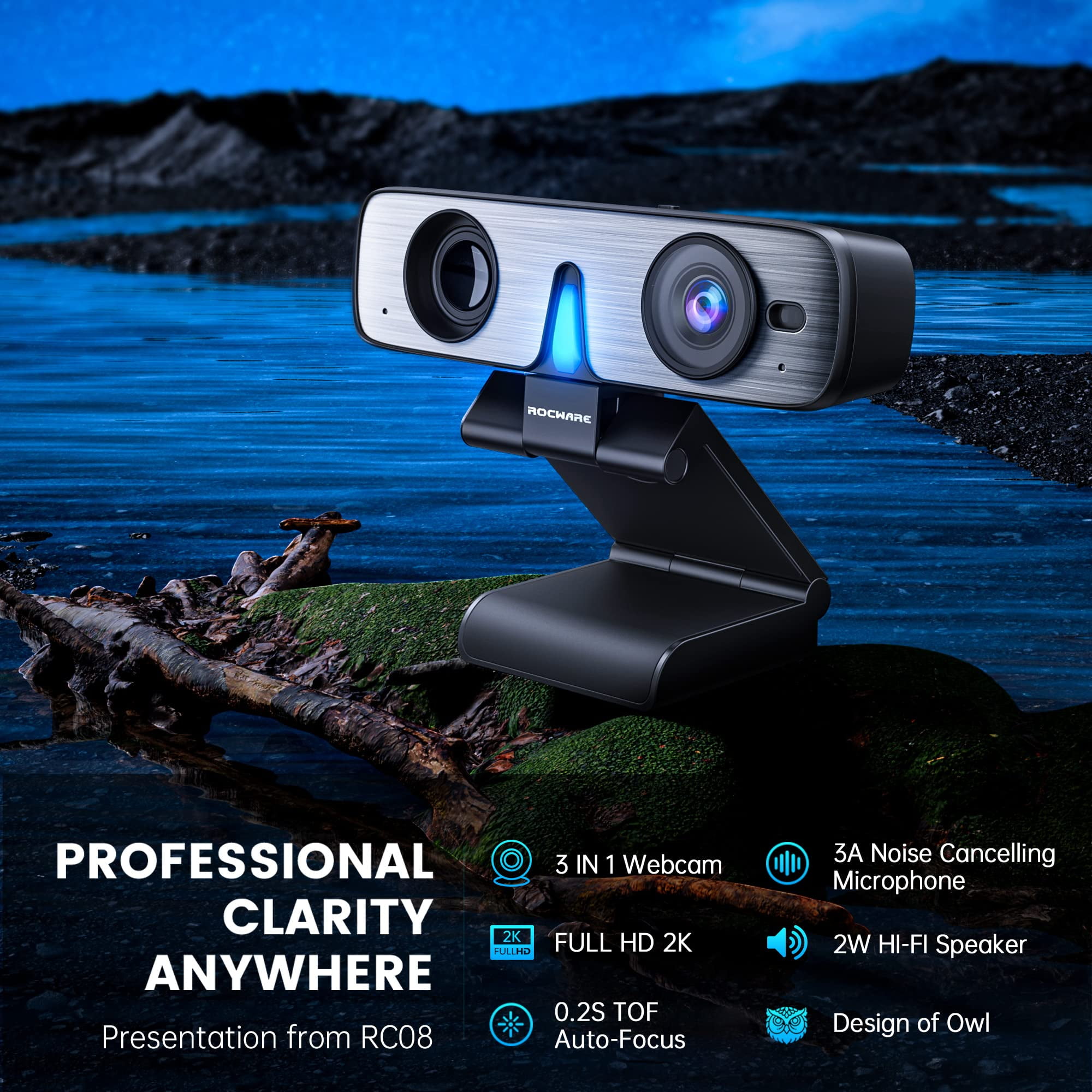 ROCWARE  Auto-Focus Webcam with Microphone Speaker RC08 2K Web Cam, Computer Camera for PC with Noise Reduction Mic/Harman Speaker/4X Eptz/Privacy Cover/0.2S Auto-Focus/Low Illumination for Zoom/Teams