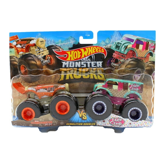 Hot Wheels Monster Trucks 1:64 Scale Demolition Doubles, Carbonator XXL vs 1 Bad Scoop
