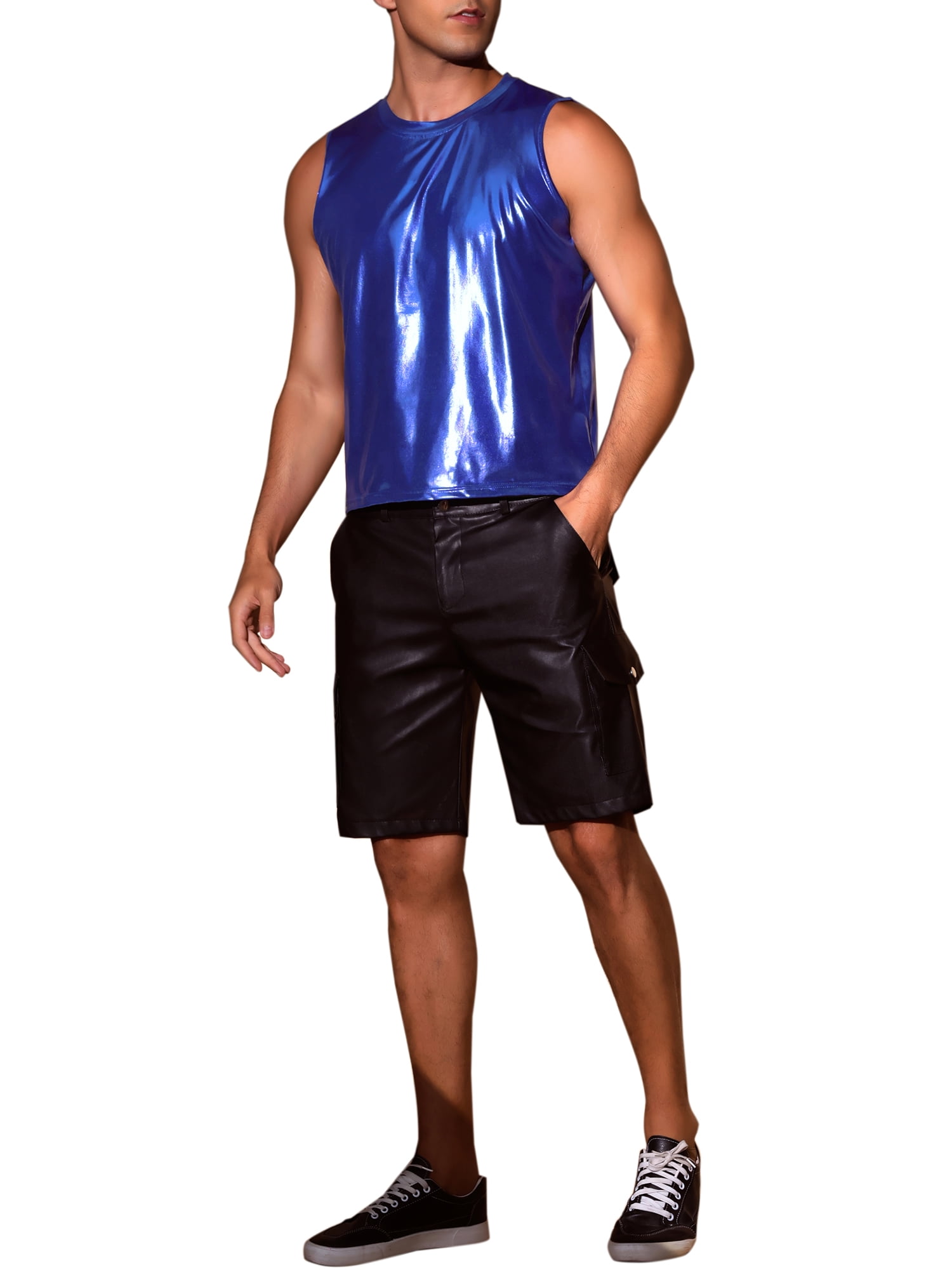 INSPIRE CHIC Metallic Tank Tops for Men's Holographic Sleeveless T-Shirt Disco Party Shiny Vest 2XL Blue