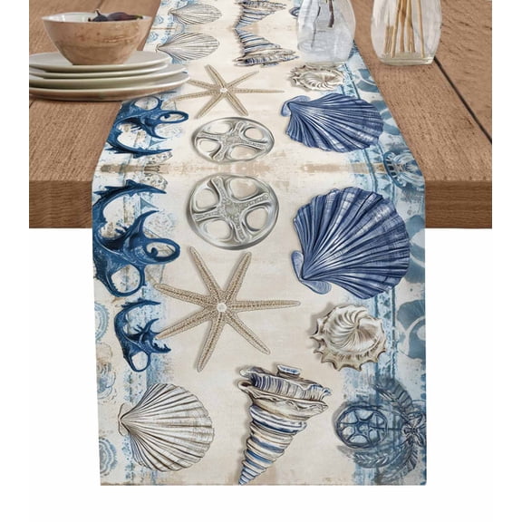 Navy Blue Coastal Table Runner 72 Inches, Vintage Summer Beach Shell Starfish Bed Runner Dresser Scarves Tabletop for Indoor Outdoor Parties/Ceremony/Banquet, 16" x 72"