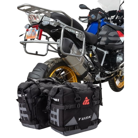 Tusk Pannier Racks with Tusk Pilot Pannier Bags and Bottle Holders Black/Grey w/ Silver Racks For BMW R1200GS Adventure 2013-2016