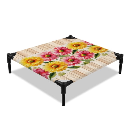 Yellow Pink Daisy Elevated Dog Bed Rustic Farmhouse Boho Brown Wood Grain Cooling Breathable Outdoor Raised Dog Cot Bed with Metal Frame Non-Slip Feet for Small Dog 20x20in