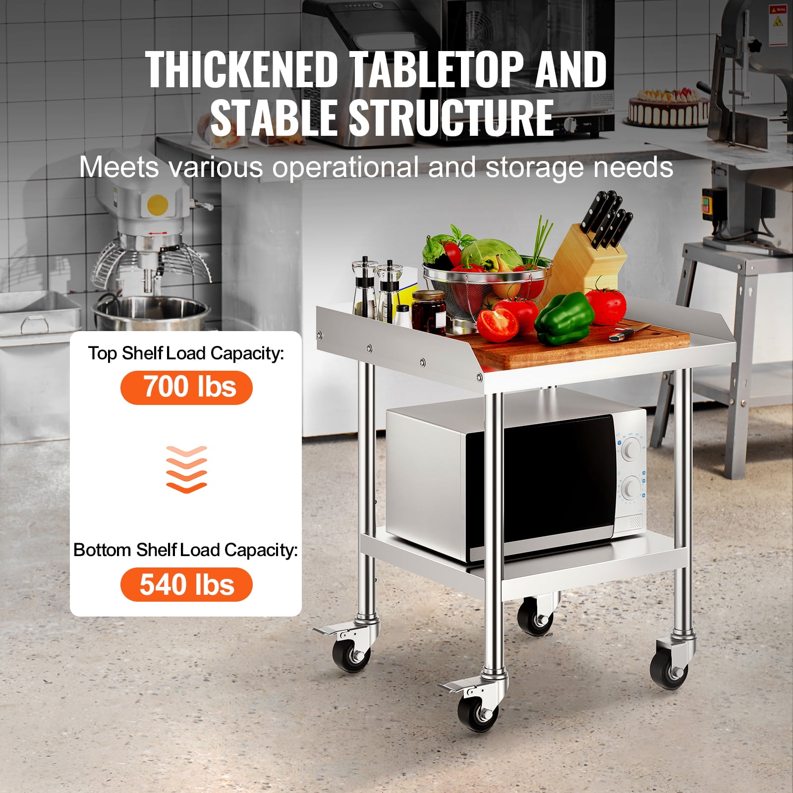 Stainless Steel Work Table, 24 x 24 x 30 Inch Commercial Food Prep Worktable with 4 Wheels, Casters, 3-Sided Backsplash Heavy Duty Prep Worktable, Metal Work Table for Restaurant Home Hotel