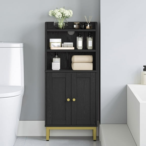 Bathroom Storage Cabinet, Small Floor Cabinet with 2 Door and Shelves, Toilet Paper Cabinets, Bathroom Organizer with Adjustable Shelf, for Small Spaces Black 7.9" D x 14.6" W x 32.7" H