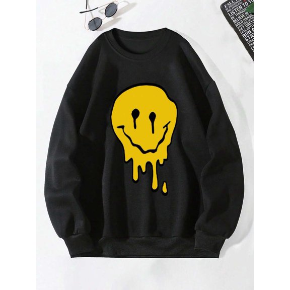 Men's Funny Smiling Face Print Crew Neck Sweatshirt, Street Fashion, Autumn/Winter