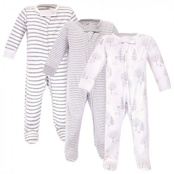 Touched by Nature Baby Organic Cotton Zipper Sleep and Play 3pk, Gray Woodland, 0-3 Months
