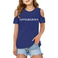 thumbnail image 4 of Girls Tshirts Letter Print Short Sleeve Tshirts Shoulder Cut-Out Crewneck Girls Blouse Outfits for Girls 11-12 Years, 4 of 7