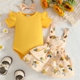 thumbnail image 2 of Karoyedx Toddler Girl Rompers Baby Girl 3 Piece Outfit Set Romper with Ruffle Skirt and Bow Headband Newborn Infant Yellow Size,9-12 Months, 2 of 6