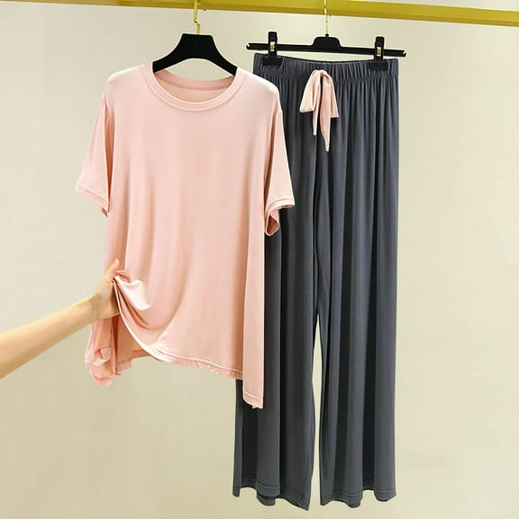 YanHoo Women's Pajama Set 2 Piece Petite Lounge Outfits Sleepwear Loose Fit Short Sleeve Shirts Elastic Waist Long Pant Pjs Loungewear