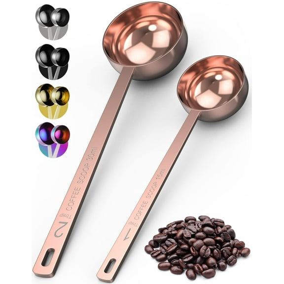 Orblue Premium Coffee Scoop Set - 1 Tbsp (15ml) & 2 Tbsp (30ml) Measuring Tablespoon - Stainless Steel Coffee Measuring Spoon and Scooper with Long Handles - Pack of 2 - Rose Gold