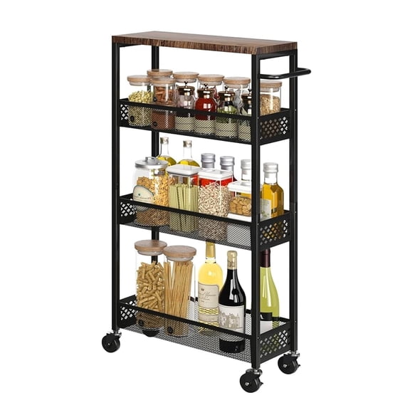 Seamika 4-Tier Slim Rolling Cart with Wooden Tabletop,Mobile Metal Utility Storage Cart,Slide Out Narrow Cart for Tight Spaces on Bathroom Kitchen Laundry Room Bedroom Apartments Dormitory,Black