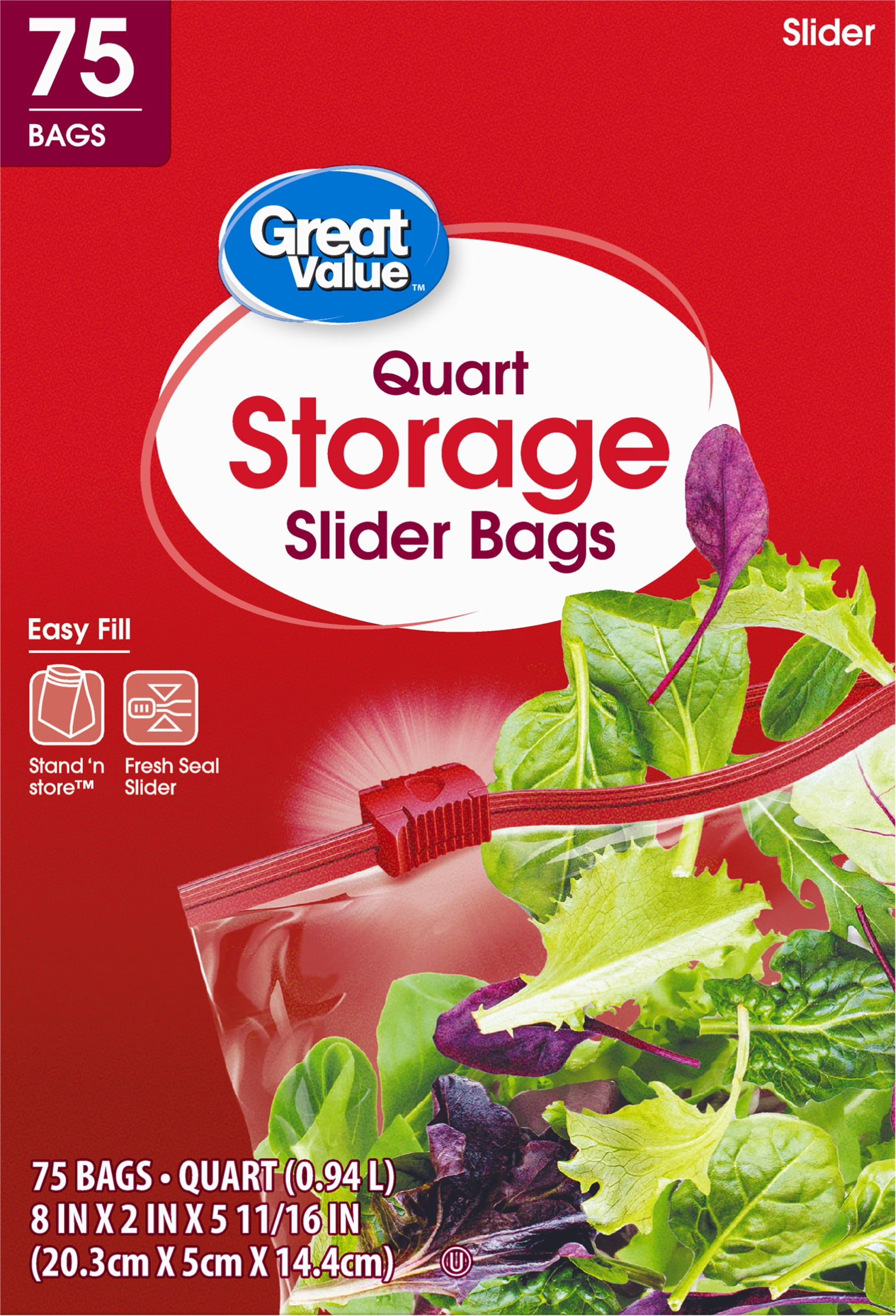 Great Value Fresh Seal Slider Zipper Bags, Quart Storage, 75 Count