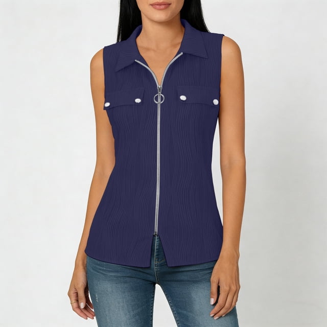 Abcnature Women's Sleeveless Zip Up Shirt Collared V Neck Button Down Blouse Tops Solid Color Ribbed Tank Tops