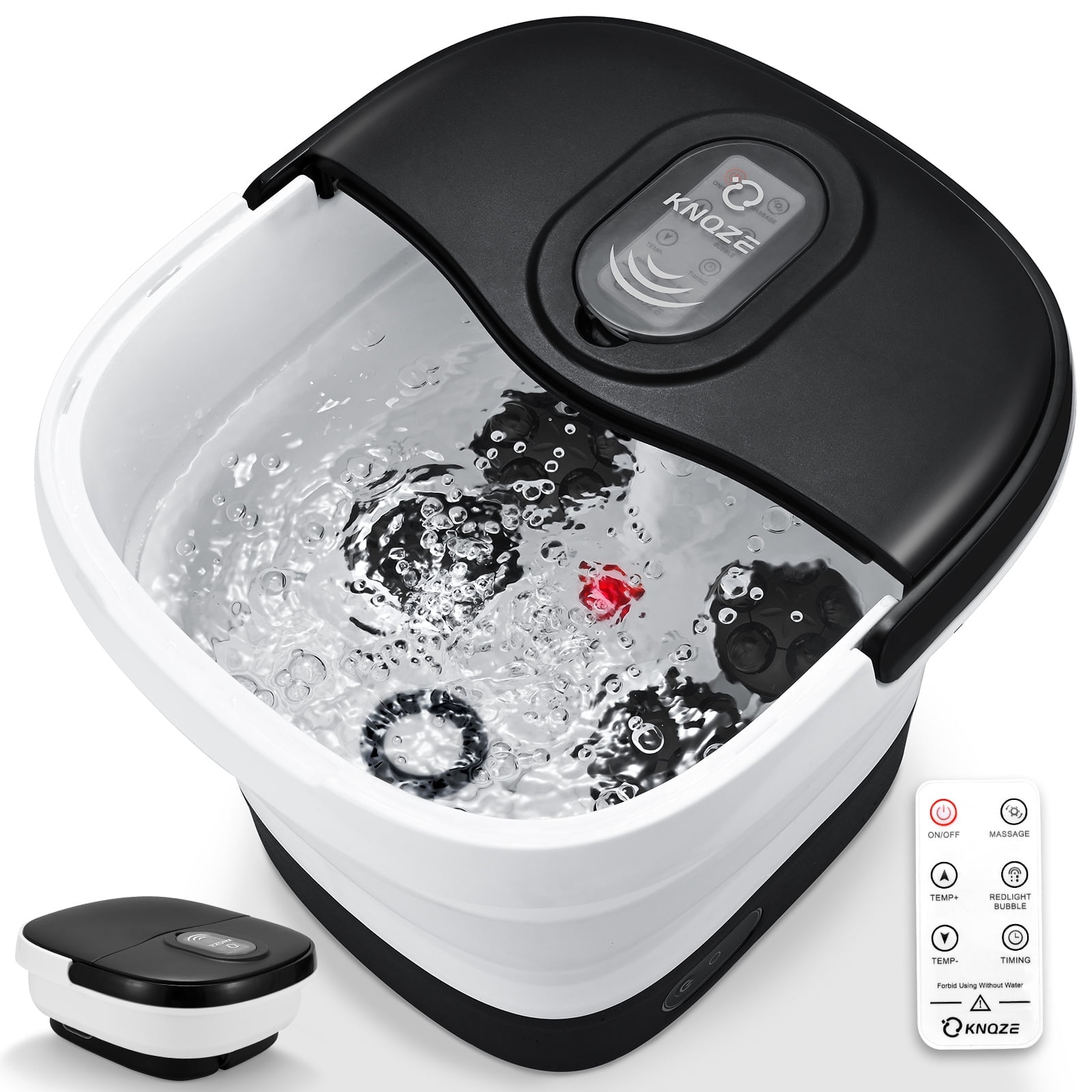 KNQZE Collapsible Electric Foot Spa with Heat-Maintaining, Bubbles & 8 Shiatsu Rollers - Portable Foot Massage Tub for Relaxation, Red Light, Black