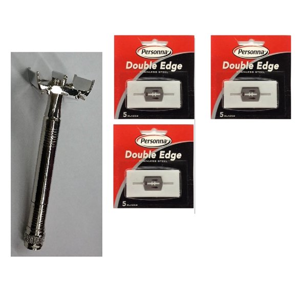 Double Edge Safety Razor + Personna Double Edge Stainless Steel Refill Blades, 5 ct. (Pack of 3)