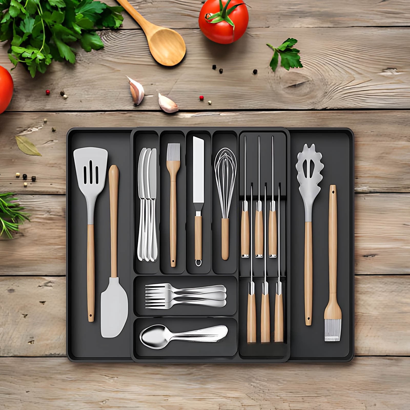 Expandable Utensil Tray, Adjustable Kitchen Drawer Organizer, Cutlery Storage Rack with Removable Dividers, Plastic Drawer Organizer for Knives Forks Spoons Kitchen Utensil Organization