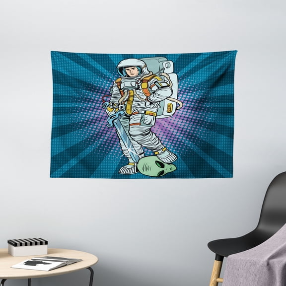 Astronaut Tapestry, Galaxy Warrior with Sword and Severed Alien Head Masculine Space Era Fighters, Wall Hanging for Bedroom Living Room Dorm Decor, 60W X 40L Inches, Teal Coconut, by Ambesonne