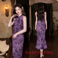 thumbnail image 3 of 2025 women's fashion high-end new Chinese style daily off-shoulder purple flocking halter neck cheongsam, 3 of 5