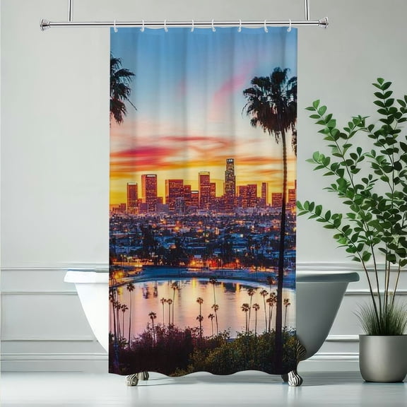RKSupls Waterproof Shower Curtain, Los Angeles Skyline Sunset Palm Tree Polyester Shower Curtain with Hooks for Chic Elegant Home Bathtub Bathroom Decor Washable