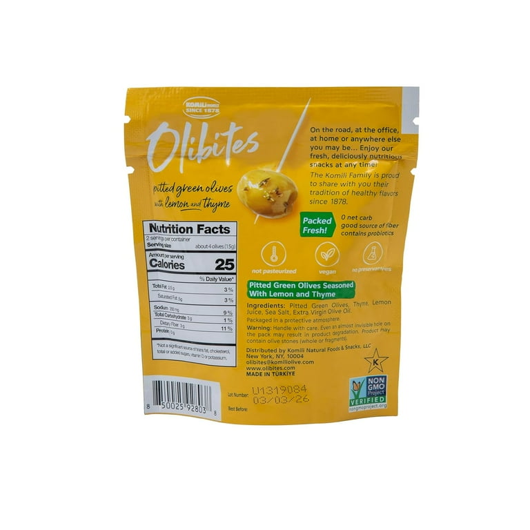 Olibites Pitted Green Olives with Lemon Thyme, 1 oz, No Allergens
