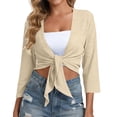 thumbnail image 3 of NSLGXD Women's Tie-Front Cropped Cardigans 3/4 Sleeve Lightweight Sheer Tops Sun Protection Summer Beach Cover Ups for Vacation & Daily Wear S-2XL Beige Cardigans, 3 of 10