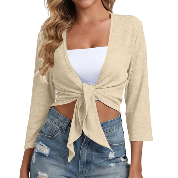 Bosfbaoi Womens Tops 3/4 Sleeve Tie Front Shrug Cardigan Cropped Lightweight Cover Up Summer Casual Short Shawl Top